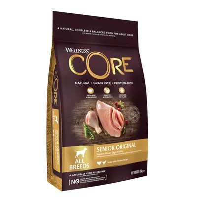 Wellness CORE Senior Original, bezzbożowa karma dla psów z indykiem i kurczakiem dla wszystkich ras. Hipoalergiczna, świeże mięso jako główny składnik, prebiotyki, bez sztucznych dodatków. Wellness CORE Senior Original, bezzbożowa karma dla psów z indykiem i kurczakiem dla wszystkich ras. Hipoalergiczna, świeże mięso jako główny składnik, prebiotyki, bez sztucznych dodatków.