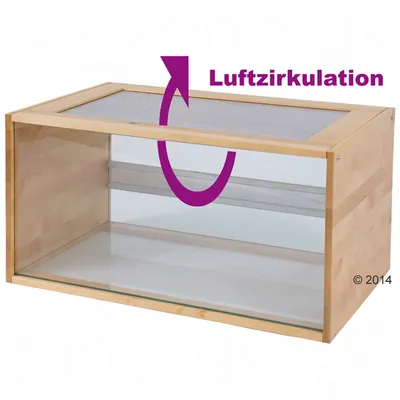 Holzterrarium mit Glasfront und Gitterdeckel für Luftzirkulation, lila Pfeil zeigt Belüftungssystem.