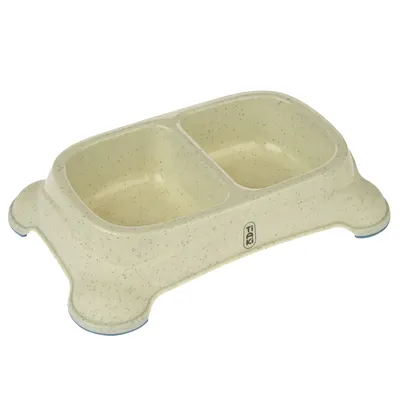 Dublu bol din plastic crem cu două compartimente și logo Trixie, potrivit pentru apă și hrană.