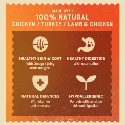 Made with 100% natural chicken, turkey, lamb and chicken. Benefits: healthy skin and coat with Omega 6 and zinc, healthy digestion with natural fibre, natural defences, hypoallergenic.
