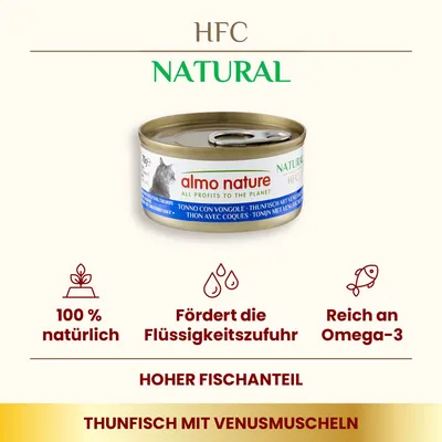 Almo Nature HFC Natural Thunfisch mit Venusmuscheln. 100% natürlich, fördert die Flüssigkeitszufuhr, reich an Omega-3, hoher Fischanteil.