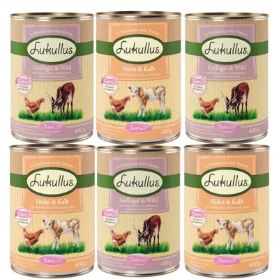 Lukullus Junior wet food, varieties poultry & game and chicken & veal, 400g cans. With sweet potatoes, blueberries and sunflower oil. Extra calcium & phosphorus.