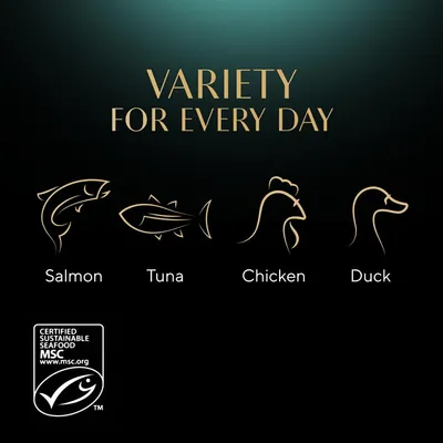 Variety for every day: salmon, tuna, chicken and duck. Includes MSC certified sustainable seafood logo.