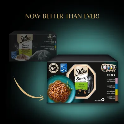 Comparison of old and new Sheba Sauce Collection packaging, highlighting 'Now better than ever!' and showing four flavours: salmon, tuna, chicken, and duck. Pack contains 8 x 85g portions.