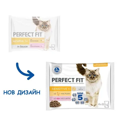 Сравнение на стар и нов дизайн на опаковка Perfect Fit Sensitive 1+ за котки, 4×85 г. Видими са текстове: mit Huhn, mit Lachs, total 5, нов дизайн.
