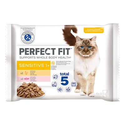 Perfect Fit Sensitive 1+ kissanruoka, ilman vehnää ja soijaa, kanan- ja lohenmakuisena kastikkeessa, 5 terveyshyötyä, 4 x 85g.
