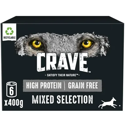 Crave mixed selection, high protein, grain free, 6 x 400g cans. Recyclable packaging.