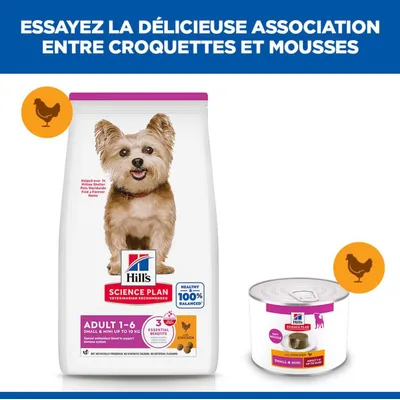 Hill's Science Plan Adulte 1-6 Small & Mini jusqu'à 10 kg, aliment sec et humide au poulet, indication sur la combinaison de croquettes et de mousse. Hill's Science Plan Adulte 1-6 Small & Mini jusqu'à 10 kg, aliment sec et humide au poulet, indication sur la combinaison de croquettes et de mousse.