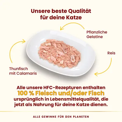 HFC-Rezeptur für Katzen: Thunfisch mit Calamaris, pflanzliche Gelatine und Reis. 100% Fleisch und/oder Fisch in Lebensmittelqualität als Katzennahrung.