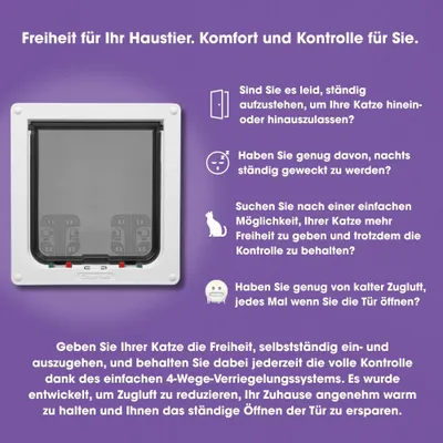 Katzenklappe mit 4-Wege-Verriegelungssystem. Text: Freiheit für Ihr Haustier, Komfort und Kontrolle für Sie. Beschreibung der Vorteile wie Zugluftschutz und einfache Kontrolle. Katzenklappe mit 4-Wege-Verriegelungssystem. Text: Freiheit für Ihr Haustier, Komfort und Kontrolle für Sie. Beschreibung der Vorteile wie Zugluftschutz und einfache Kontrolle.