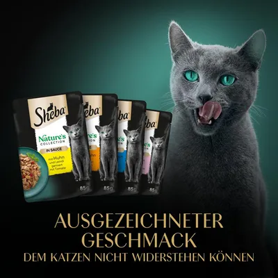 Sheba Nature's Collection en sauce, sachets de 85 g. Texte en allemand : Ausgezeichneter Geschmack dem Katzen nicht widerstehen können.