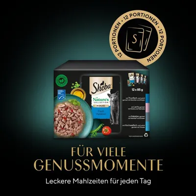 Sheba Nature’s Collection Fish Variation en sauce, lot de 12 x 85 g. Texte allemand : Für viele Genussmomente, Leckere Mahlzeiten für jeden Tag. Image d’un chat et d’une assiette de nourriture.