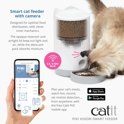 Catit PIXI Vision Smart Feeder with Camera, controllable via app, 2.4/5 GHz Wi-Fi, airtight container, moisture absorber, feeding schedule and live monitoring possible. Catit PIXI Vision Smart Feeder with Camera, controllable via app, 2.4/5 GHz Wi-Fi, airtight container, moisture absorber, feeding schedule and live monitoring possible.