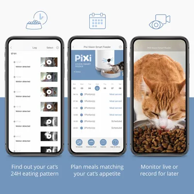 Three smartphone screens display: feeding log with video recordings, PiXi Vision Smart Feeder schedule, and live monitoring of a cat eating. Three smartphone screens display: feeding log with video recordings, PiXi Vision Smart Feeder schedule, and live monitoring of a cat eating.