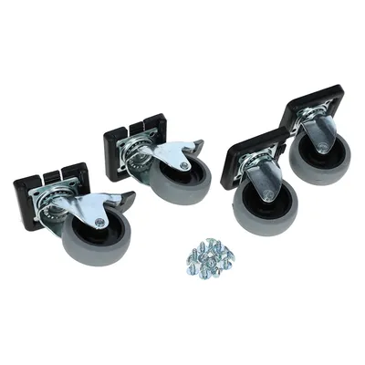 Cuatro ruedas grises con soportes metálicos y frenos, incluye tornillos para fijación.