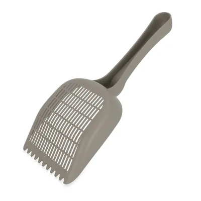 Pala para arena de gatos de plástico gris con orificios de tamizado y mango ergonómico, adecuada para limpiar la arena.