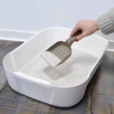 Mano sostiene una pala gris para arena sobre un arenero blanco con arena fina para gatos. Muestra el uso de la pala para limpiar.