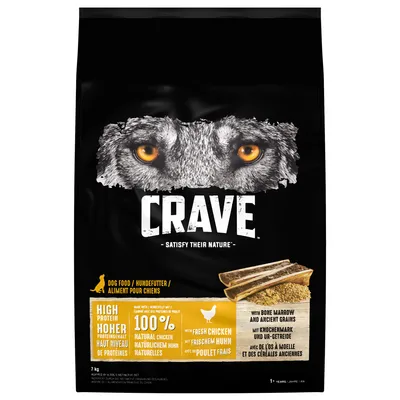 Crave dog food with high protein, 100% natural chicken, fresh chicken, bone marrow and ancient grains. Text: satisfy their nature. For adult dogs, 7kg bag.