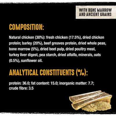 Product composition: chicken, barley, beef protein, peas, bone marrow, beet pulp, poultry meal, turkey liver, pea starch, alfalfa, minerals, oats, sunflower oil. Protein 36%, fat 15%.