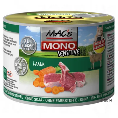 MAC's MONO Sensitive Lamm tin, 70% Fleisch Anteil, Getreide Frei, Made in Germany badge, images of lamb chops and carrots, green label with Ohne Soja, Ohne Farbstoffe text
