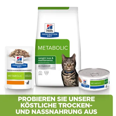 Hill's Prescription Diet Metabolic Trocken- und Nassnahrung für Katzen. Gewichtskontrolle und Erhalt, von Tierärzten empfohlen. Probieren Sie köstliche Optionen aus.