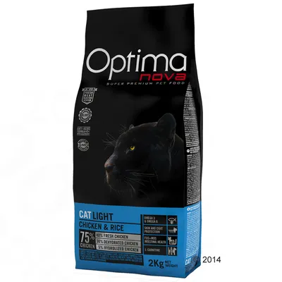 Optima nova Cat Light Chicken & Rice, 75 % kanaa: 40 % tuoretta kanaa, 30 % kuivattua kanaa, 5 % hydrolysoitua kanaa. Omega 3 & 6, iho- ja turkkisuoja, 2 kg nettopaino.