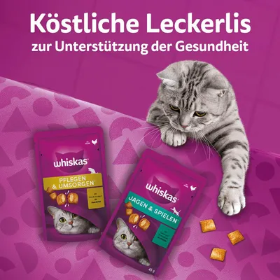 Whiskas лакомства: «Pflegen & Umsorgen» с курицей и говядиной, «Jagen & Spielen» с курицей. Кошка тянется к лакомствам.