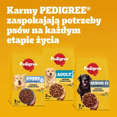 Pedigree sucha karma dla psów: Puppy Healthy Growth, Adult oraz Senior Joint Support, każda z drobiem i warzywami, opakowania po 3 kg. Pedigree sucha karma dla psów: Puppy Healthy Growth, Adult oraz Senior Joint Support, każda z drobiem i warzywami, opakowania po 3 kg.