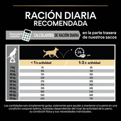 Tabla de ración diaria recomendada para perros según peso y nivel de actividad: desde 1 kg hasta 70 kg, con cantidades en gramos para menos de 1 h y 1–3 h de actividad diaria.