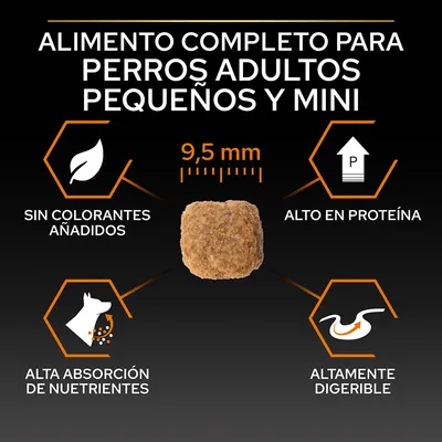 Alimento completo para perros adultos pequeños y mini. Sin colorantes añadidos, alto en proteína, alta absorción de nutrientes, altamente digerible. Tamaño de croqueta: 9,5 mm.