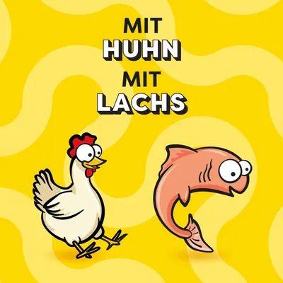 Mit Huhn, mit Lachs. Illustration eines Huhns und eines Lachses auf gelbem Hintergrund.