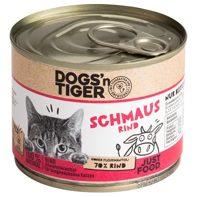 Dogs'n Tiger Schmaus μοσχάρι, πλήρης τροφή για ενήλικες γάτες, 100% φυσικό, υψηλή περιεκτικότητα σε κρέας 70% μοσχάρι, Just Food. Αναπτύχθηκε με κτηνιάτρους.