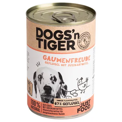 Dogs'n Tiger Gaumenfreude Geflügel mit Süsskartoffel, hoher Fleischanteil 67% Geflügel, 100% natural, Alleinfuttermittel für ausgewachsene Hunde.