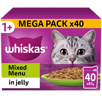 Whiskas Mixed Menu in jelly, mega pack of 40 pouches, each 85g, suitable for age 1 plus.