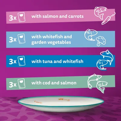 Product contains 3 packs each: with salmon and carrots, with whitefish and garden vegetables, with tuna and whitefish, with cod and salmon.