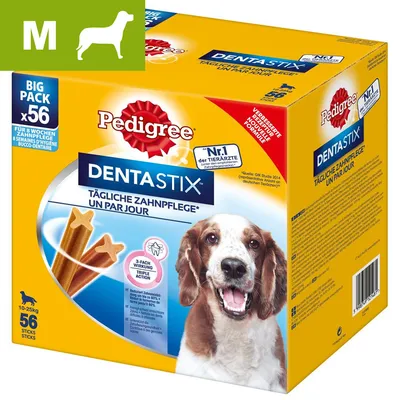 Pedigree Dentastix, opakowanie 56 sztuk dla psów 10–25 kg. Widoczny pies, tekst: DENTASTIX, codzienna pielęgnacja zębów, Nr.1 der Tierärzte, BIG PACK x56, 3-fach Wirkung.