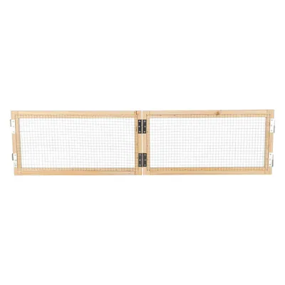 Cornice in legno con inserto a griglia metallica, due segmenti pieghevoli e cerniere in metallo. Adatto come barriera o divisorio.