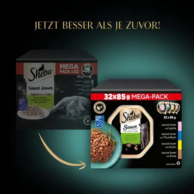 Sheba Sauce Lover Mega-Pack 32x85g. Sorten: Lachs, Thunfisch, Huhn, Ente. Jetzt besser als je zuvor. Feine Vielfalt in Sauce mit MSC-Zertifikat.