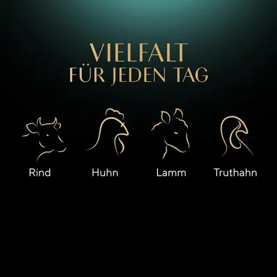 Texte en allemand : 'VIELFALT FÜR JEDEN TAG'. Illustrations et noms d’animaux : Rind, Huhn, Lamm, Truthahn. Texte non traduit.