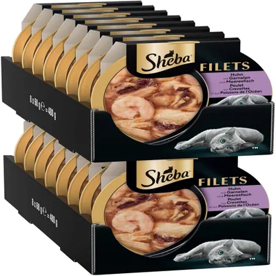 Sheba Fileti piščanca z rakci in morsko ribo, 8 x 60 g, skupna teža 480 g, embalaža izdelka vidna. Sheba Fileti piščanca z rakci in morsko ribo, 8 x 60 g, skupna teža 480 g, embalaža izdelka vidna.