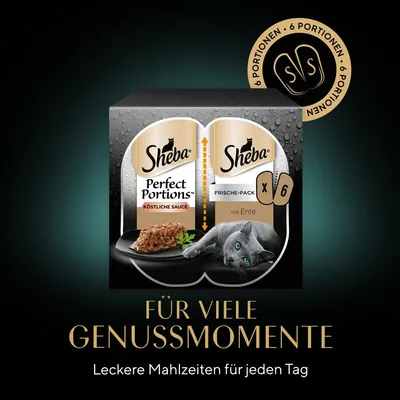 Sheba Perfect Portions Frische-Pack mit köstlicher Sauce und Ente. 6 Portionen. Für viele Genussmomente. Leckere Mahlzeiten für jeden Tag.