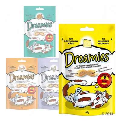 Dreamies grickalice za mačke, četiri pakiranja od 60 g s okusima sir, piletina, patka i puretina. Na ambalaži istaknuto: manje od 2 kcal po komadu. Tekst na njemačkom i francuskom.