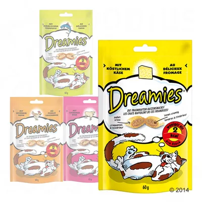 Dreamies grickalice za mačke, četiri pakiranja od 60 g s okusima: sir, tuna, piletina i govedina. Vidljiv tekst na njemačkom i francuskom jeziku, manje od 2 kcal po komadu.