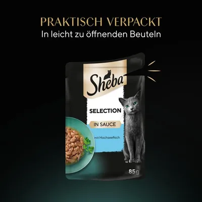 Sheba Selection in Sauce mit Hochseefisch, 85g. Praktisch verpackt in leicht zu öffnenden Beuteln.