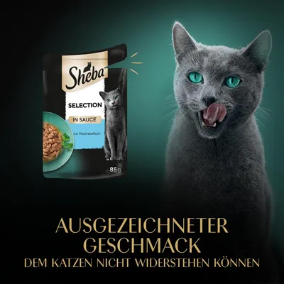 Sheba Selection in Sauce mit Hochseefisch, 85g. Ausgezeichneter Geschmack, dem Katzen nicht widerstehen können.