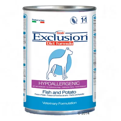 Dorado Exclusion Diet Formula HYPOALLERGENIC Fish and Potato dåsefoder til hund, Product of Italy, Veterinary Formulation. Tekst på engelsk og flere sprog synlig på emballagen.