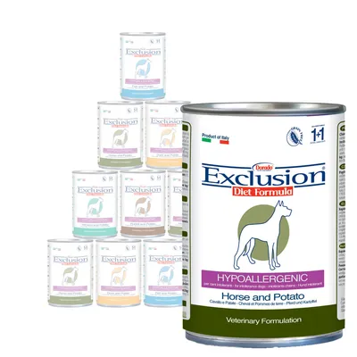 Dorado Exclusion Diet Formula dåsefoder til hunde, synlige varianter: Horse and Potato, Fish and Potato, Duck and Potato, Venison and Potato. Tekst: Hypoallergenic, Veterinary Formulation.