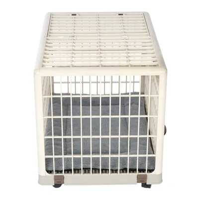 Box de transport din grilaj metalic alb cu pernă interioară gri, căptușită. Potrivită pentru transportul animalelor de companie sau zonă de odihnă.