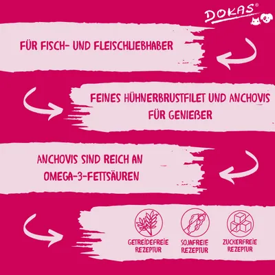 Dokas. For fish and meat lovers: fine chicken breast fillet and anchovies for connoisseurs. Anchovies rich in omega-3 fatty acids. Grain-free, soy-free and sugar-free recipe.