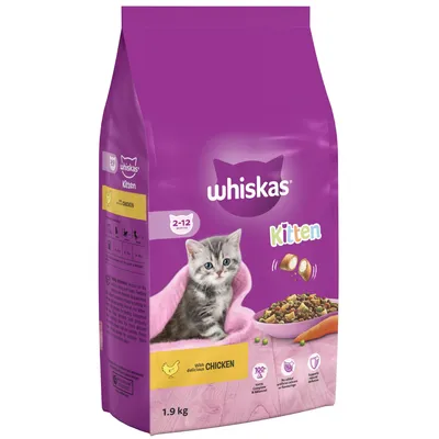 Whiskas Kitten dry food, 1.9kg, with chicken for 2-12 months, features include no added artificial flavours and supports healthy growth. Image shows kibble and a kitten.